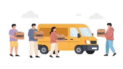 Volunteers unloading donation boxes from a yellow van helping with charitable giving