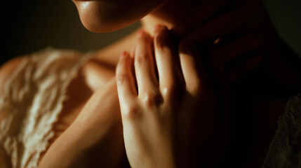 close up of female gentle hands touching soft skin in warm dramatic light