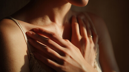 close up of female gentle hands touching soft skin in warm dramatic light
