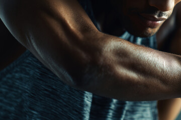 extreme macro of muscular arm with sweat drops in dramatic light