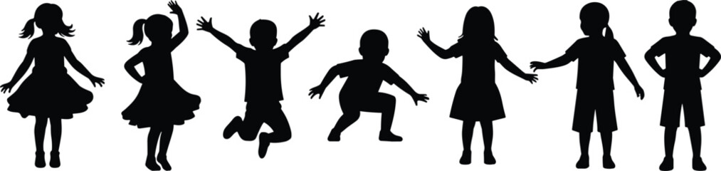 Black Silhouettes of Happy Children Jumping Dancing and Playing Together Isolated on White Background for Youthful Group Activity Concept Design