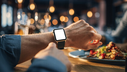 Man checking blank screen wearable device during a meal in a restaurant setting