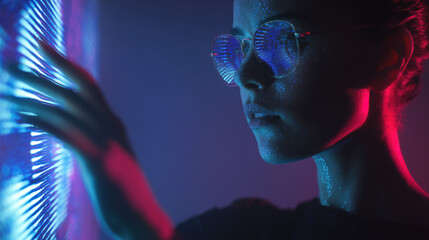 futuristic portrait of woman interacting with digital data interface and glowing lights