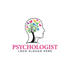 Vibrant psychologist logo with colorful butterflies and tree in human head