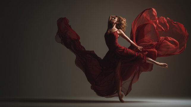 dynamic female dancer in red flowing dress jumping in dramatic studio light