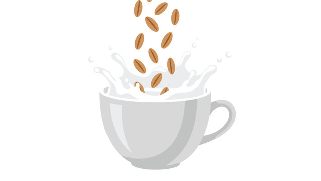 Fresh coffee beans are cascading into a white cup filled with creamy milk and splashing liquid, creating a delightful beverage scene.