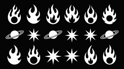 White flame and space icons on black background, symbol collection