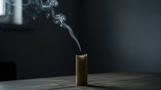 A single extinguished candle on a wooden table with smoke rising in a dark, somber room.