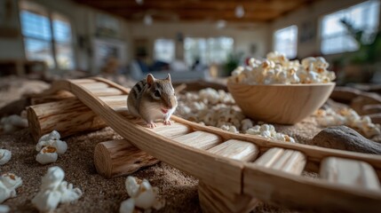A cute chipmunk exploring a miniature wooden railway surrounded by scattered popcorn, embodying a playful and whimsical atmosphere capturing the essence of small animal antics.