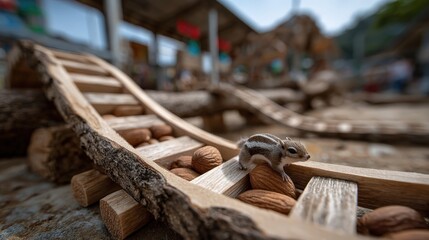 A chipmunk sitting on a rustic wooden path, amidst scattered nuts, illustrating the beauty of nature and the curious essence of wildlife in a tranquil outdoor environment.
