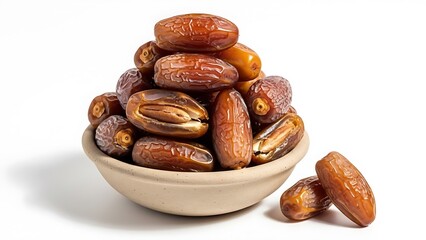 A bowl of various dates with some scattered on a white background brown food