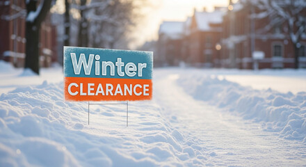 Sign with "Winter Clearance" text on snowy ground near building. Represents discount sale, end of season promotion, or commercial advertisement