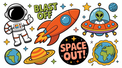 Cartoon Space Illustrations with Astronaut, Alien, Planets, and Rockets © Ultimate