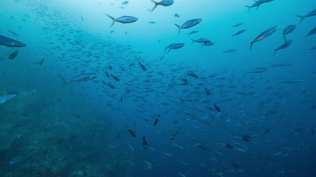 Huge schools of fish swim in open blue tropical water reacting and moving in unison