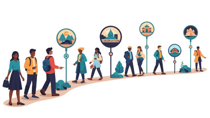 Diverse group of travelers and explorers engaging in outdoor sighting activities in a scenic