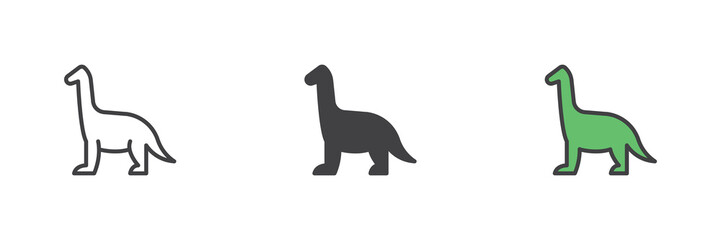 Dinosaur line, solid and colorful icon set pack