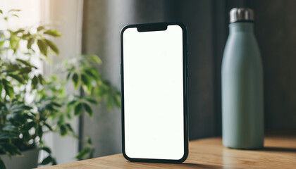 Modern Smartphone Mockup with Blank White Screen on Wooden Table and Plant