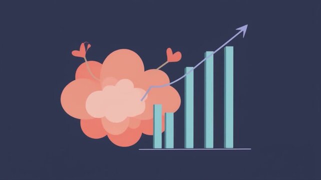 Cartoon Cloud with Heart Hands and Upward Trending Bar Chart pink orange