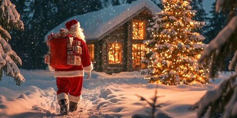 Santa Claus with a backpack full of presents walks through the snow to a lonely romantically lit hut