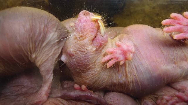 Close up of naked mole rats piled up in the underground burrow