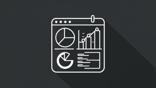 White Line Art Icon of a Dashboard with Charts and Graphs on a Dark Background with Shadow analytics