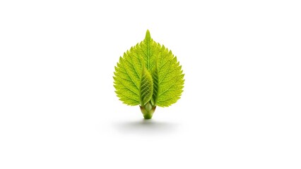 Bright green leaf with a small whisk-like structure in the center on a white background nature plant