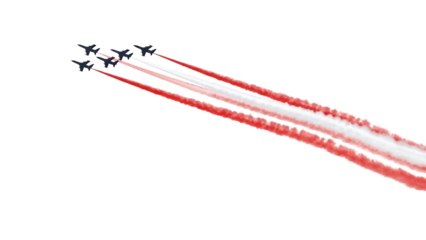 Four military jets, flying in formation with red and white smoke trails, cutout, PNG isolated on transparent background
