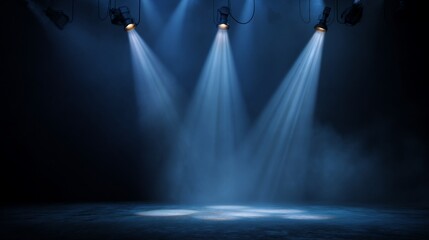 Three spotlights shining down on a stage in a dark, smoky, atmospheric room