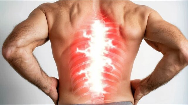 Adult man feeling intense back pain, with prominent glowing red spine highlighting problematic nerves. This medical image shows acute spinal pain and discomfort.