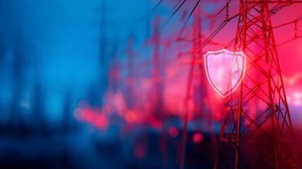 Power grid with a glowing shield overlay