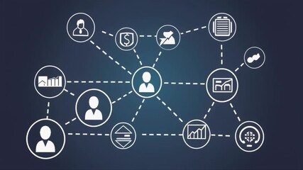 A network diagram with white icons representing people, data, and communication connected by dashed lines on a dark blue gradient background - Powered by Adobe