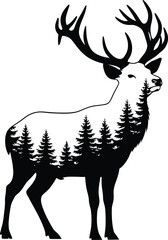 Elk silhouette with pine trees inside body standing proudly .