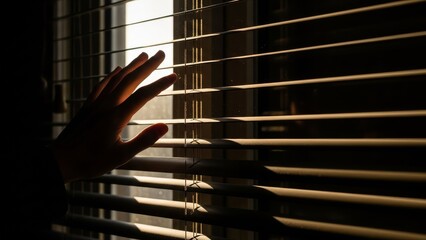 A hand peeking through the blinds of a window, with light casting shadows.