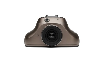 Brown vintage-style camera with large lens and dual buttons on against white background retro