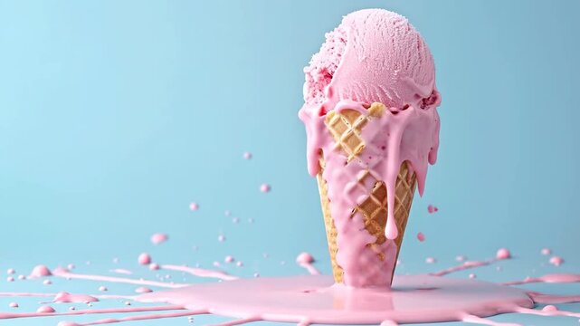 Pastel pink melting ice cream scoop in waffle cone with sprinkles.