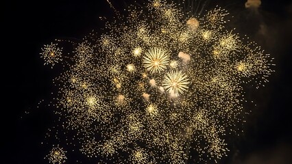 A vibrant New Year celebration features a bright explosion of colorful pyrotechnics lighting up the dark night sky during a festive holiday firework display