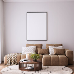 Modern Living Room Poster Frame Mockup with Natural Light and Minimalist Decoration. 3D render.