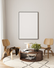 Modern Living Room Poster Frame Mockup with Natural Light and Minimalist Decoration. 3D render.