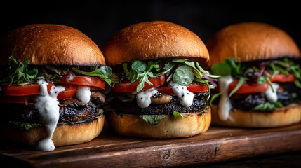 Three stacked gourmet burgers on a wood surface with fresh vegetables and white sauce
