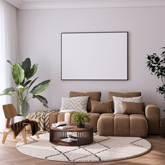 Modern Living Room Poster Frame Mockup with Natural Light and Minimalist Decoration. 3D render.