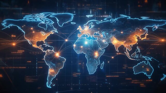 Illuminated World Map with Digital Network Connections and Abstract Data Visualizations global network