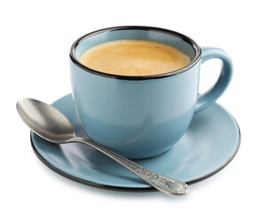 Aromatic coffee in cup on white background