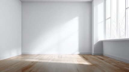 Empty, bright room with wooden flooring, white walls, and a large window casting shadows. Sunlight streams in, illuminating the interior