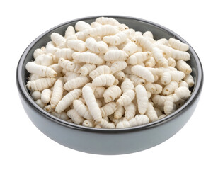 A bowl filled with dried edible insect larvae, commonly used as a protein source in various cuisines