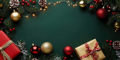 Christmas frame made with fir branches, red decorations, gift boxes and pine cones on green background. Happy New Year and winter holidays background.