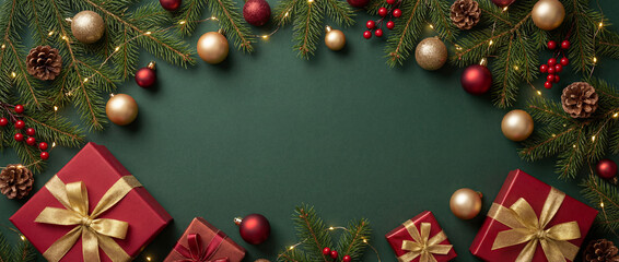Christmas frame made with fir branches, red decorations, gift boxes and pine cones on green background. Happy New Year and winter holidays background.