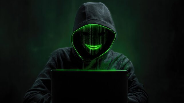 A mysterious anonymous hacker projects a glowing green digital mask while working late on a laptop in a dark room, representing cybersecurity and data breach threats in the modern business landscape. - Powered by Adobe