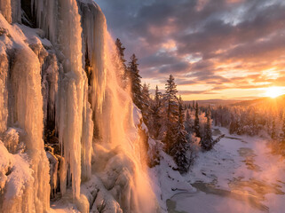 Majestic Frozen Waterfall at Sunrise in Winter Landscape