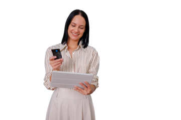 Woman smiling while holding a credit card and digital tablet, engaging in online shopping and secure payment transaction
