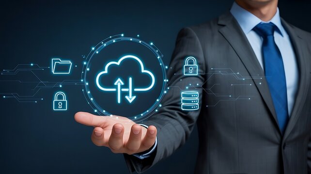 Businessman touching virtual cloud computing icon for secure global data storage and networking - Powered by Adobe